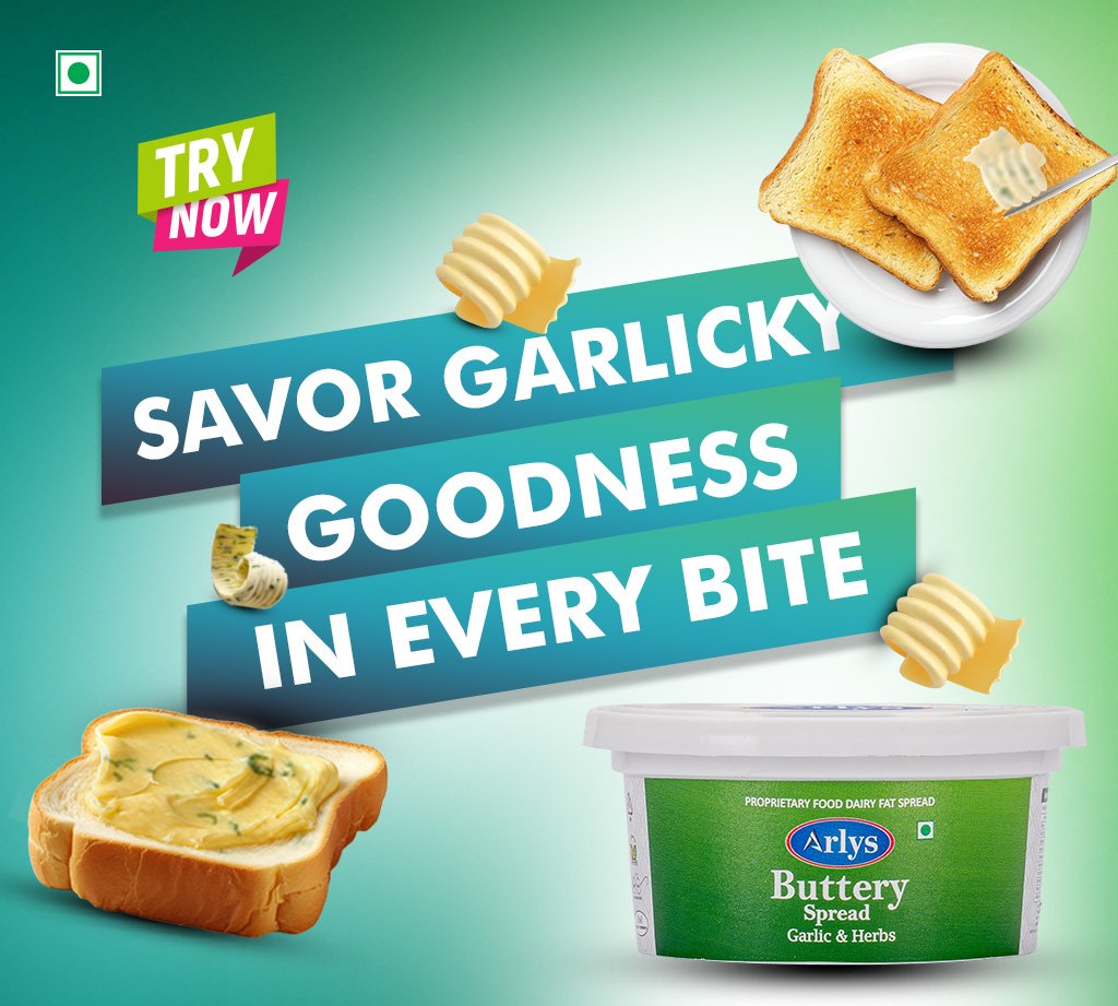 Bold ad promoting Arly’s Buttery Spread Garlic & Herbs with toast and butter curls on a teal-green gradient background, text reads 'SAVOR GARLICKY GOODNESS IN EVERY BITE' and a 'TRY NOW' badge.