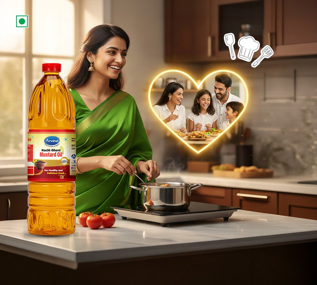 Woman in a green saree cooks on a kitchen island with a bottle of Arvind Kachi Ghani Mustard Oil in the foreground; a glowing heart frames a smiling family inside.