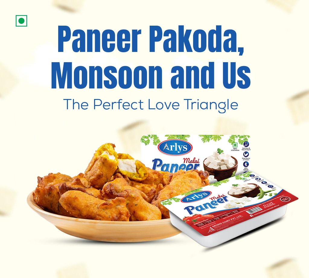 Ad banner showing fried paneer pakoda with Arlys Paneer packaging and the slogan 'Paneer Pakoda, Monsoon and Us'. The subtitle reads 'The Perfect Love Triangle'.