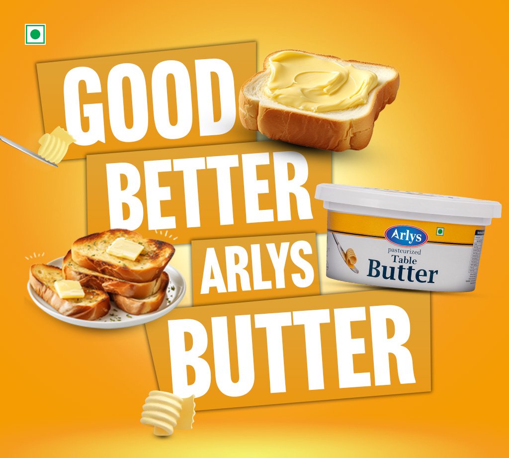 Bright orange ad for Arlys Butter with bold text 'GOOD BETTER ARLYS BUTTER', showing toast with butter and a tub of butter.