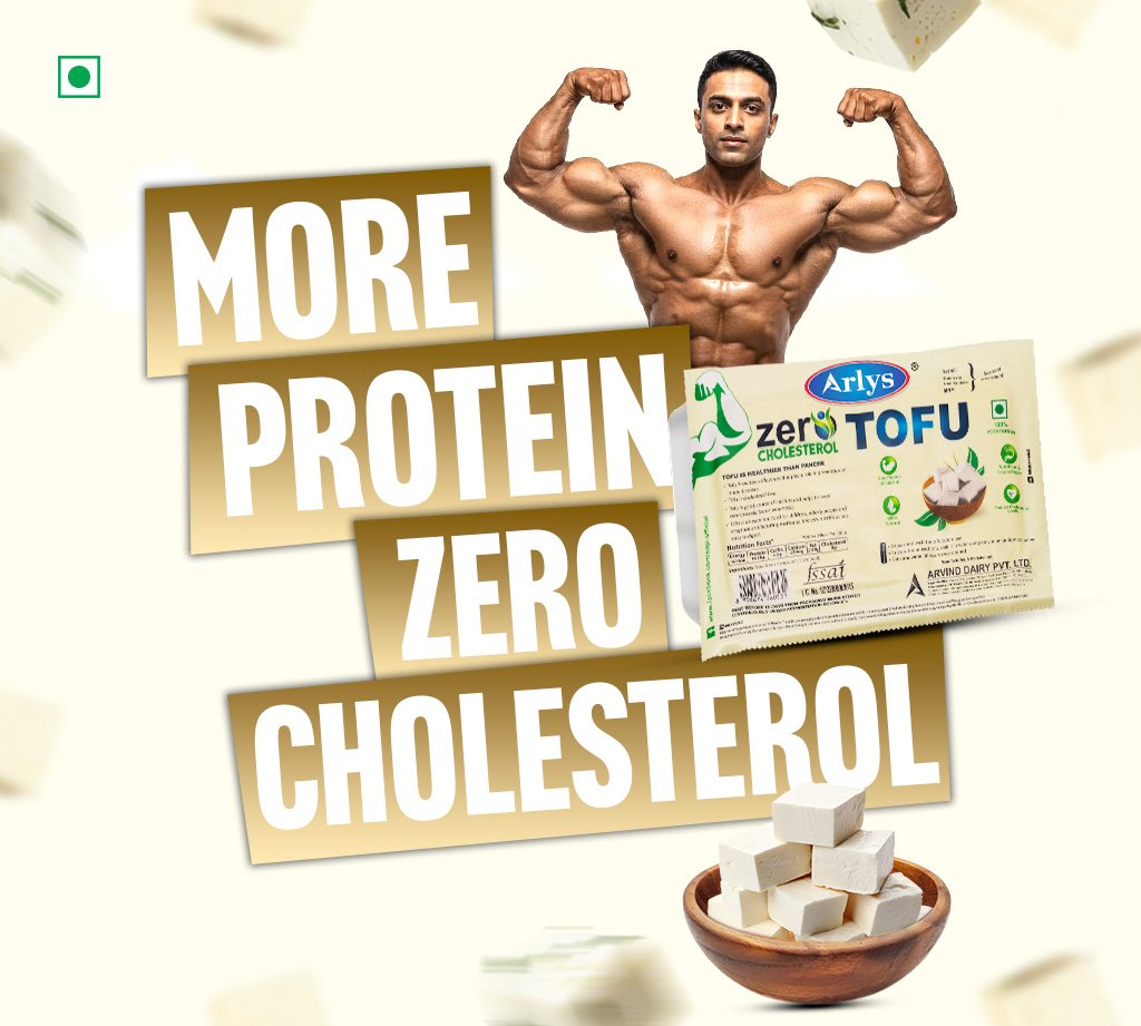 Muscular man flexing beside Arlys Zero Tofu package with bold 'MORE PROTEIN ZERO CHOLESTEROL' text at the center of the image.