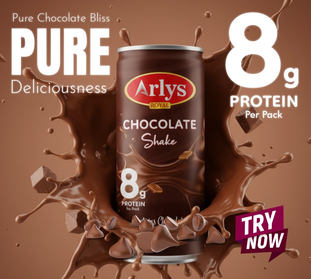 Can of Arlys Chocolate Shake amid a chocolate splash, highlighting 8 g protein per pack and a 'TRY NOW' banner.