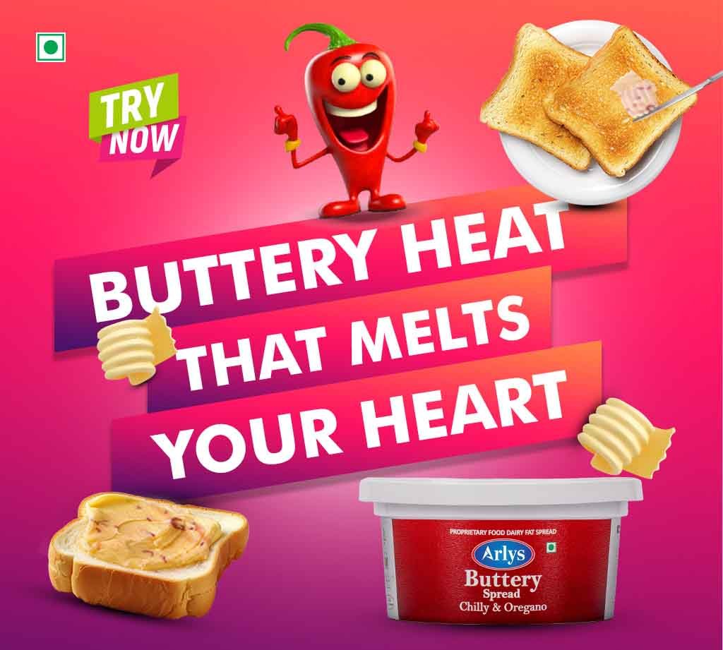 Promo image for Arlys Buttery Spread with a cartoon chili, toast, and the text “Buttery heat that melts your heart.”