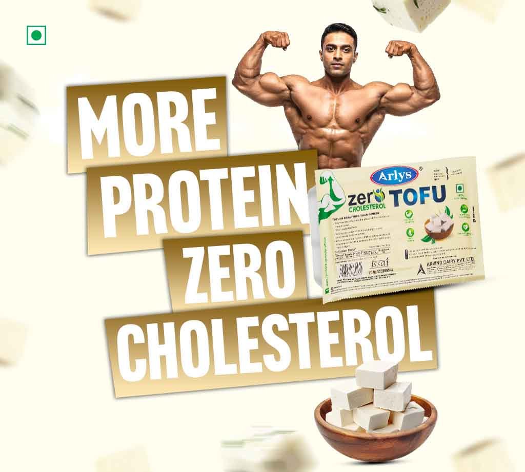 Ad featuring a muscular man and large text 'MORE PROTEIN ZERO CHOLESTEROL' with Arlys Zero Tofu package beside a bowl of tofu cubes.