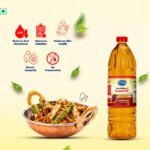 Mustard oil bottle next to a copper pan of spiced vegetables; depicted health icons indicate benefits: low cholesterol, enhanced nutrition, skin health, boosted immunity, and no preservatives. Bottle labeled Kachi Ghan Mustard Oil.