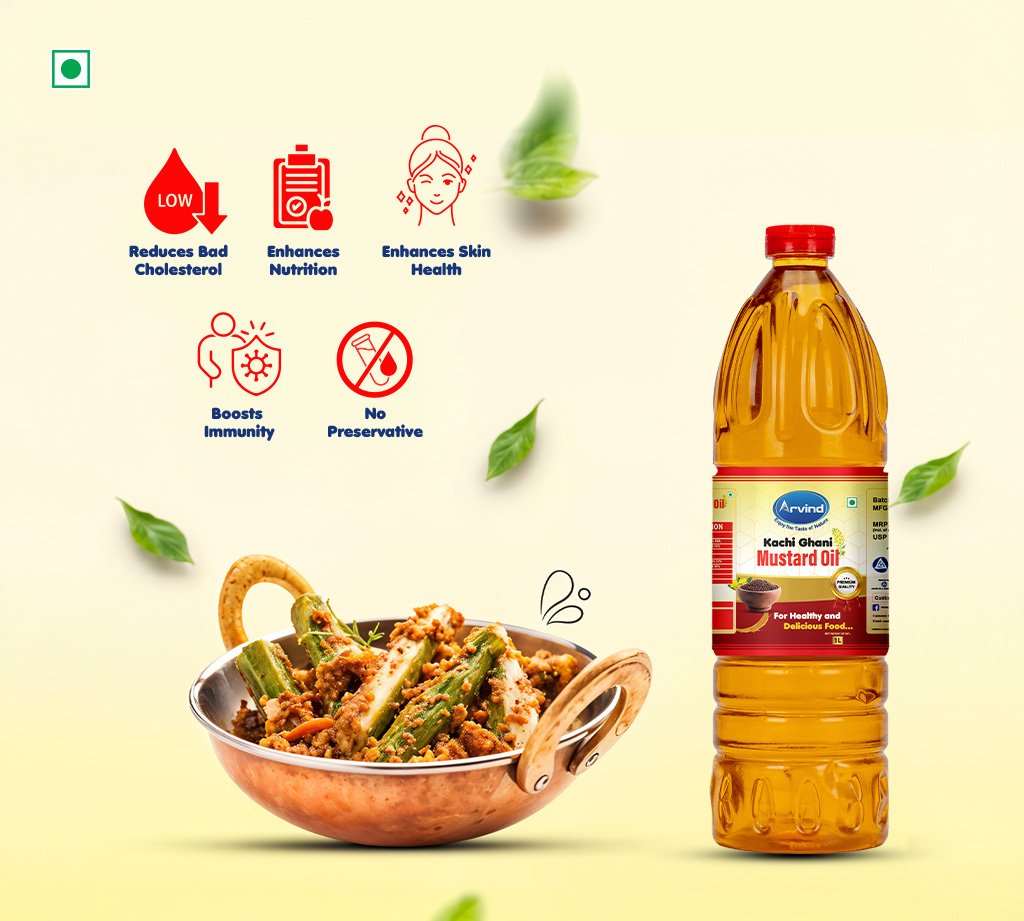 Mustard oil bottle next to a copper pan of spiced vegetables; depicted health icons indicate benefits: low cholesterol, enhanced nutrition, skin health, boosted immunity, and no preservatives. Bottle labeled Kachi Ghan Mustard Oil.