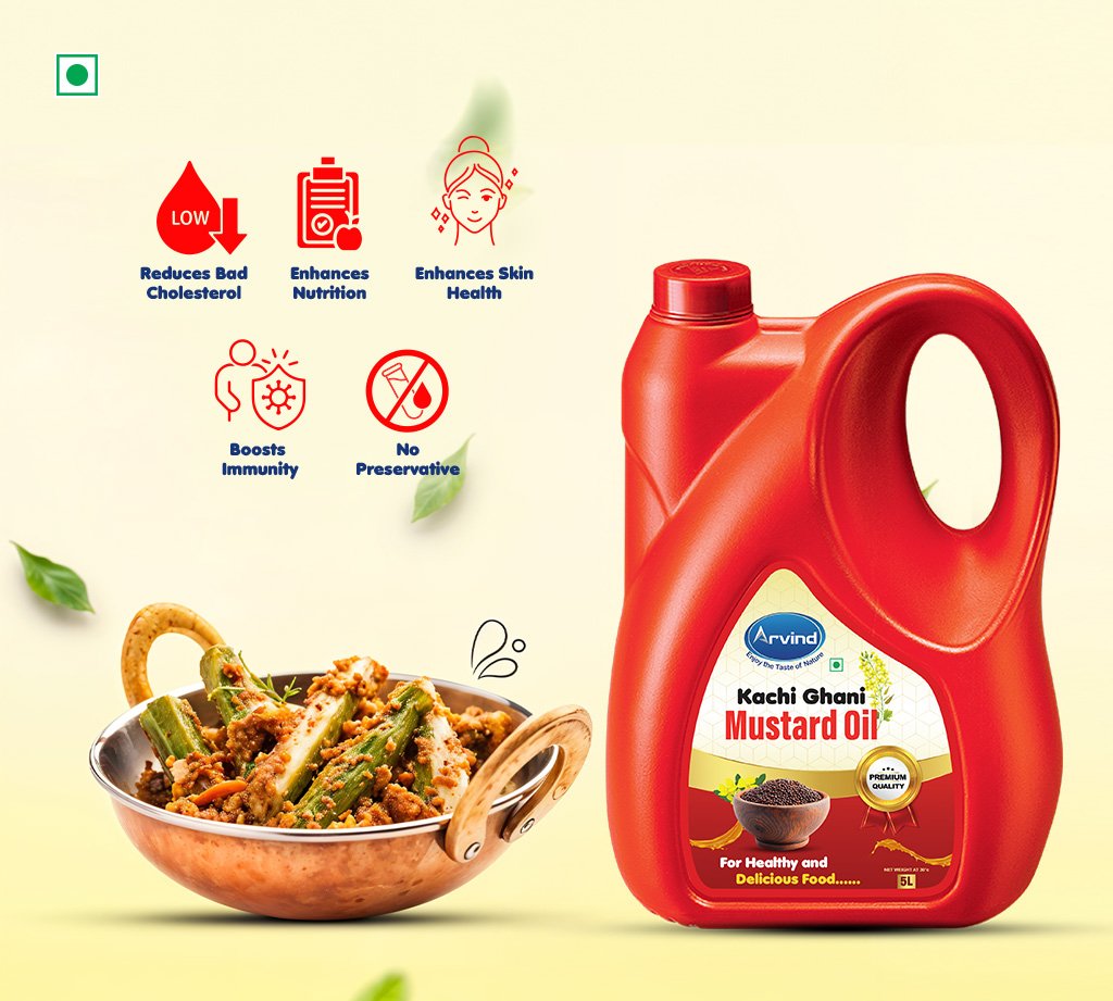 Mustard oil bottle beside a bowl of spiced vegetables, with icons listing health benefits like lower cholesterol and boosted immunity.