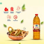 Mustard oil bottle beside a curry dish with icons listing health benefits (low cholesterol, better nutrition, skin health, immunity, no preservative).
