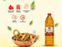 Mustard oil bottle beside a curry dish with icons listing health benefits (low cholesterol, better nutrition, skin health, immunity, no preservative).