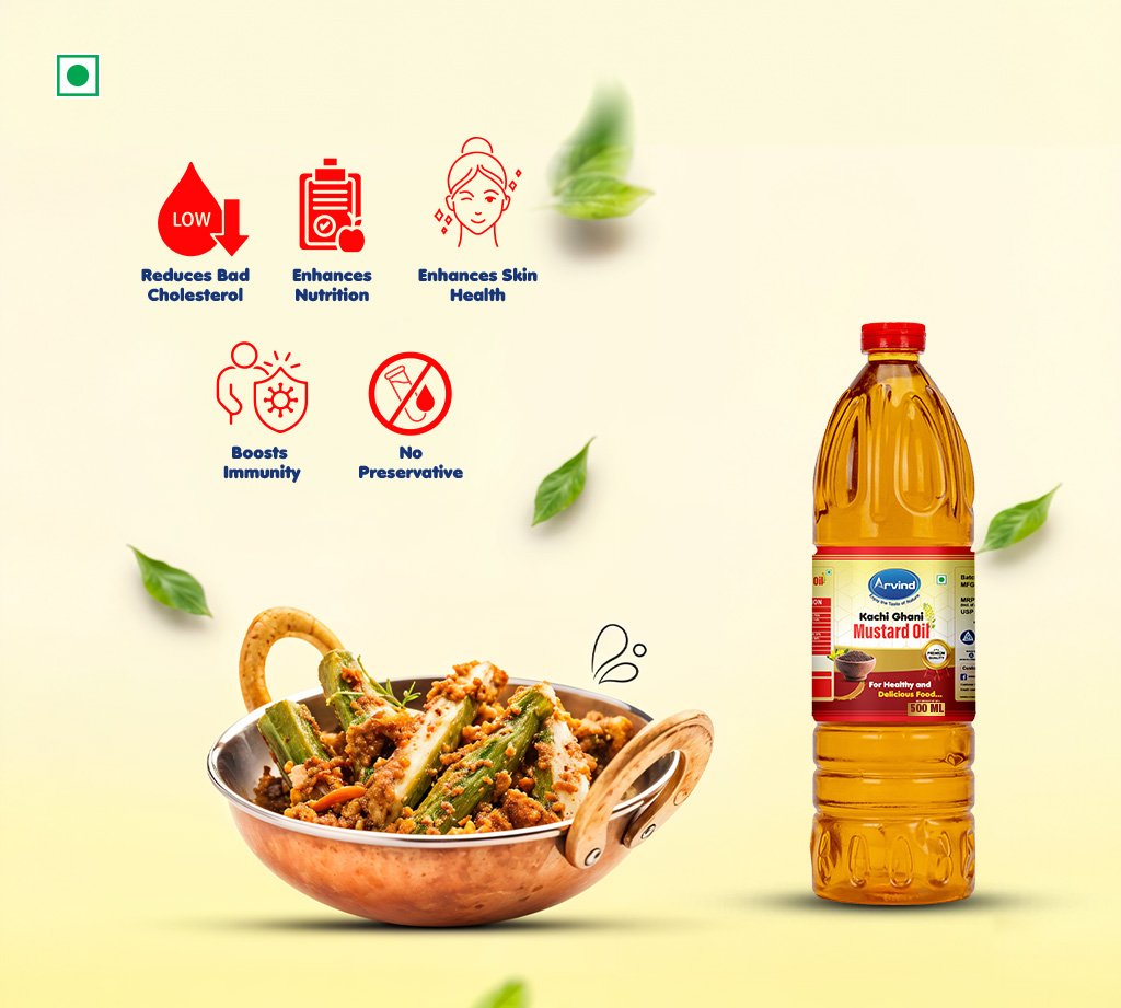 Mustard oil bottle beside a curry dish with icons listing health benefits (low cholesterol, better nutrition, skin health, immunity, no preservative).