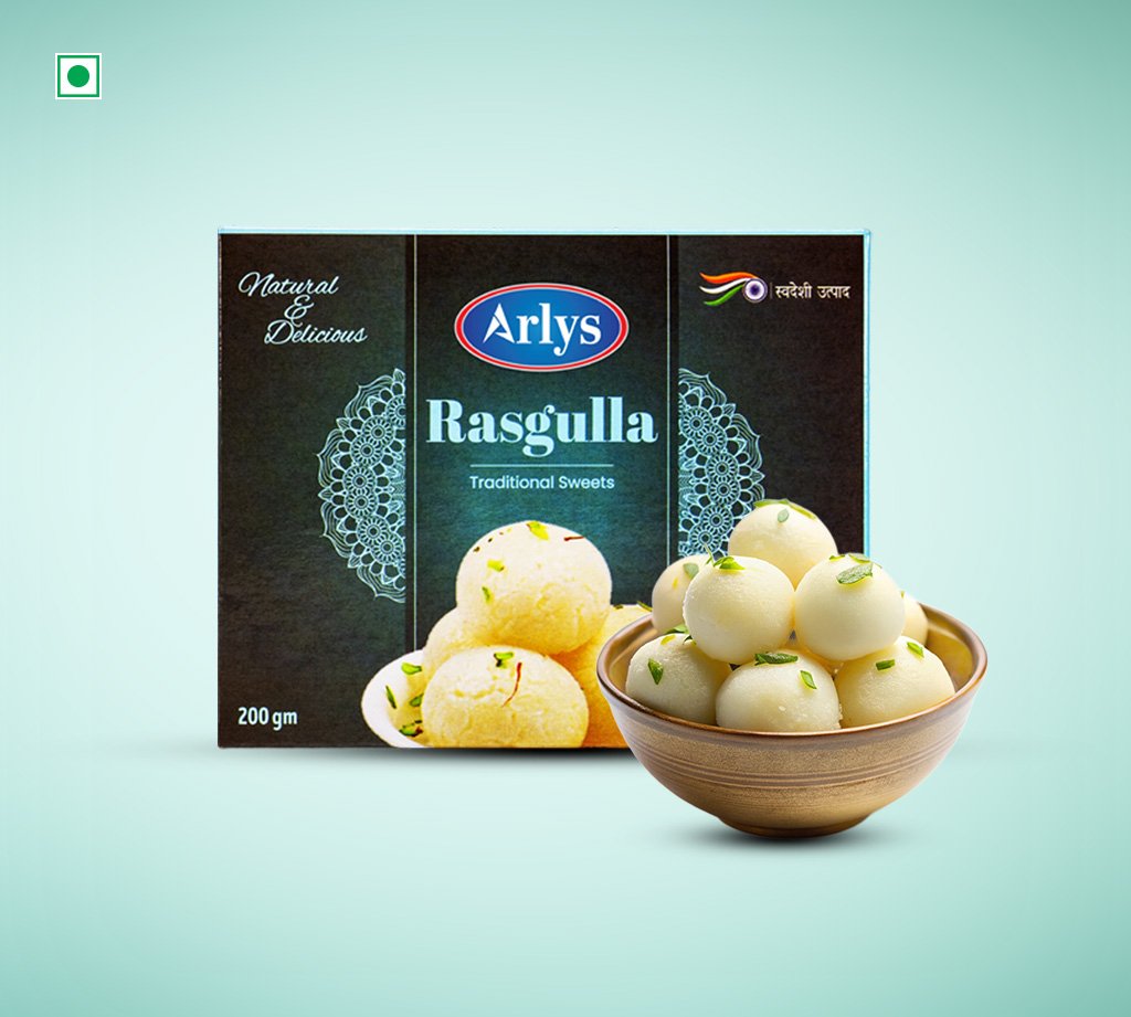 Box of Arlys Rasgulla traditional sweets with a bowl of white rasgulla in front on a light teal background
