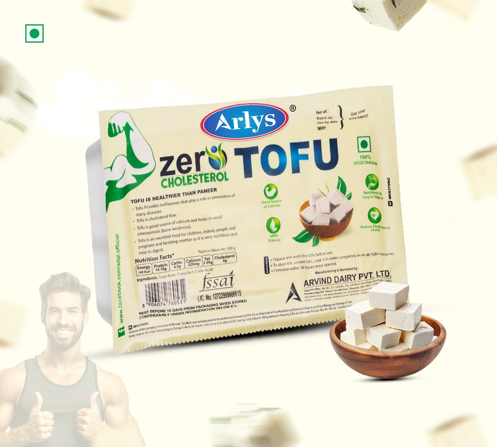 Arlys zer TOFU packaging with a bowl of cubed tofu and a thumbs-up man in the corner, promoting vegetarian tofu product.