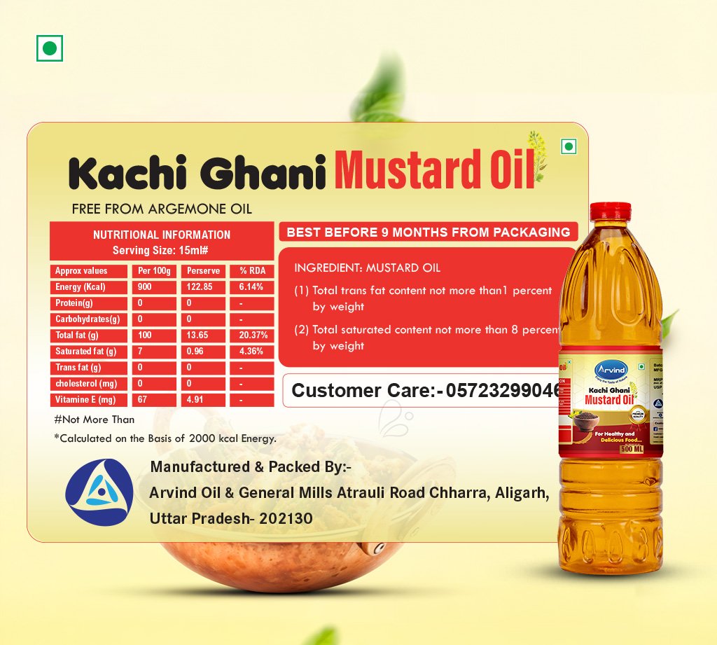Front label of Kachi Chani Mustard Oil bottle with a red nutrition panel and contact info on a pale yellow background beside the bottle.