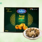 Arlys Braj Peda traditional sweets box with a plate of peda in front, green packaging