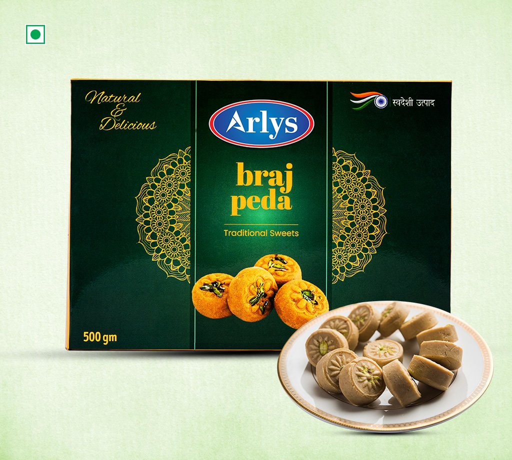 Arlys Braj Peda traditional sweets box with a plate of peda in front, green packaging