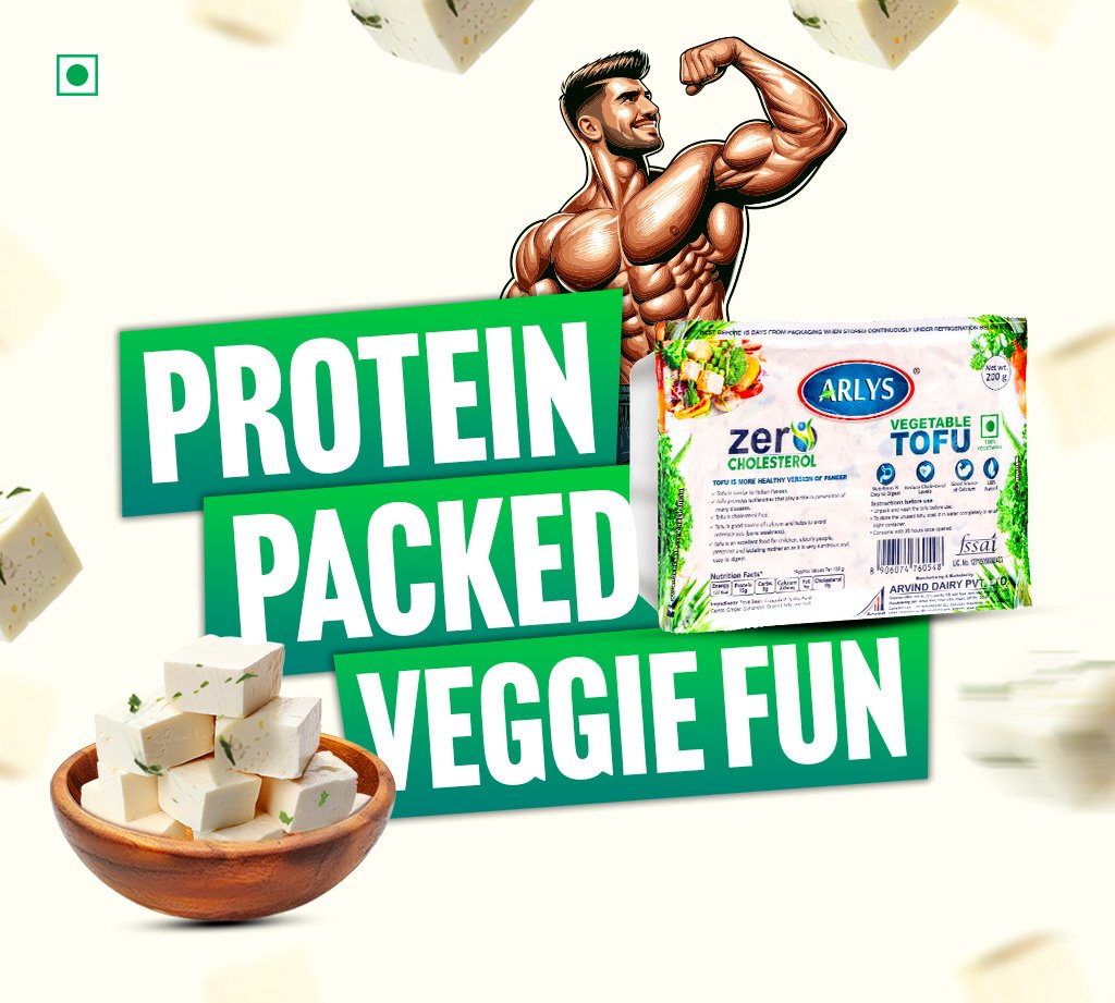 Bright ad for protein-packed veggie fun with bold green text, a muscular cartoon figure, tofu blocks in a bowl, and Arlys zero cholesterol vegetable tofu package.