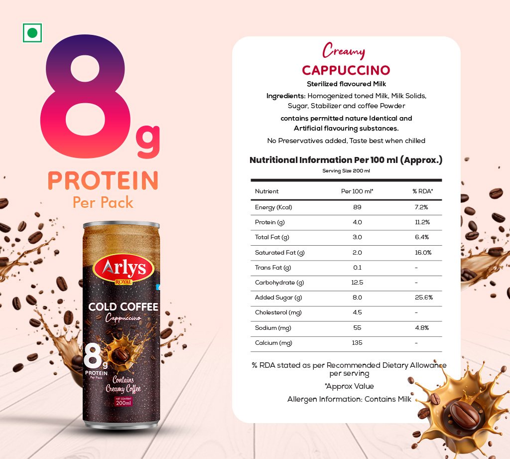 Can of Arlys Cold Coffee Cappuccino with a bold '8 g protein per pack' label on a peach background and a large nutrition facts panel to the right.