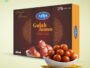 Boxed Arlys Gulab Jamun traditional sweets with a bowl of gulab jamun in front on a light background