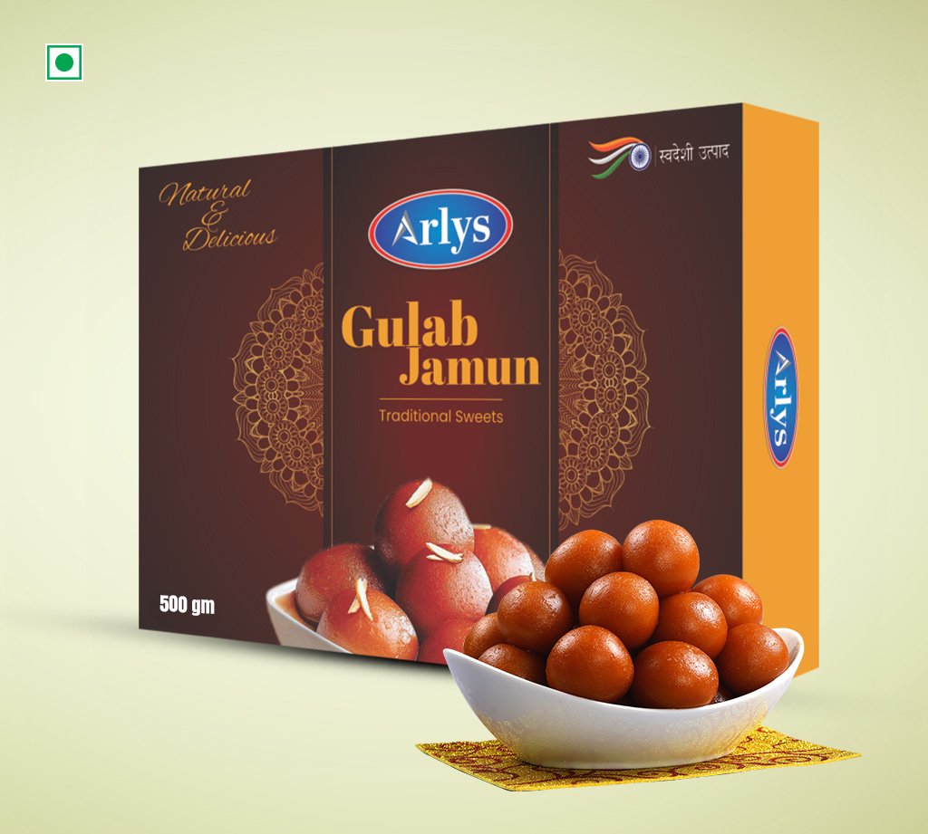 Boxed Arlys Gulab Jamun traditional sweets with a bowl of gulab jamun in front on a light background
