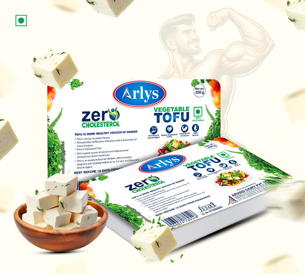 Packaging for Arlys Vegetable Tofu, with 'Zero Cholesterol' label and scattered tofu cubes around the box