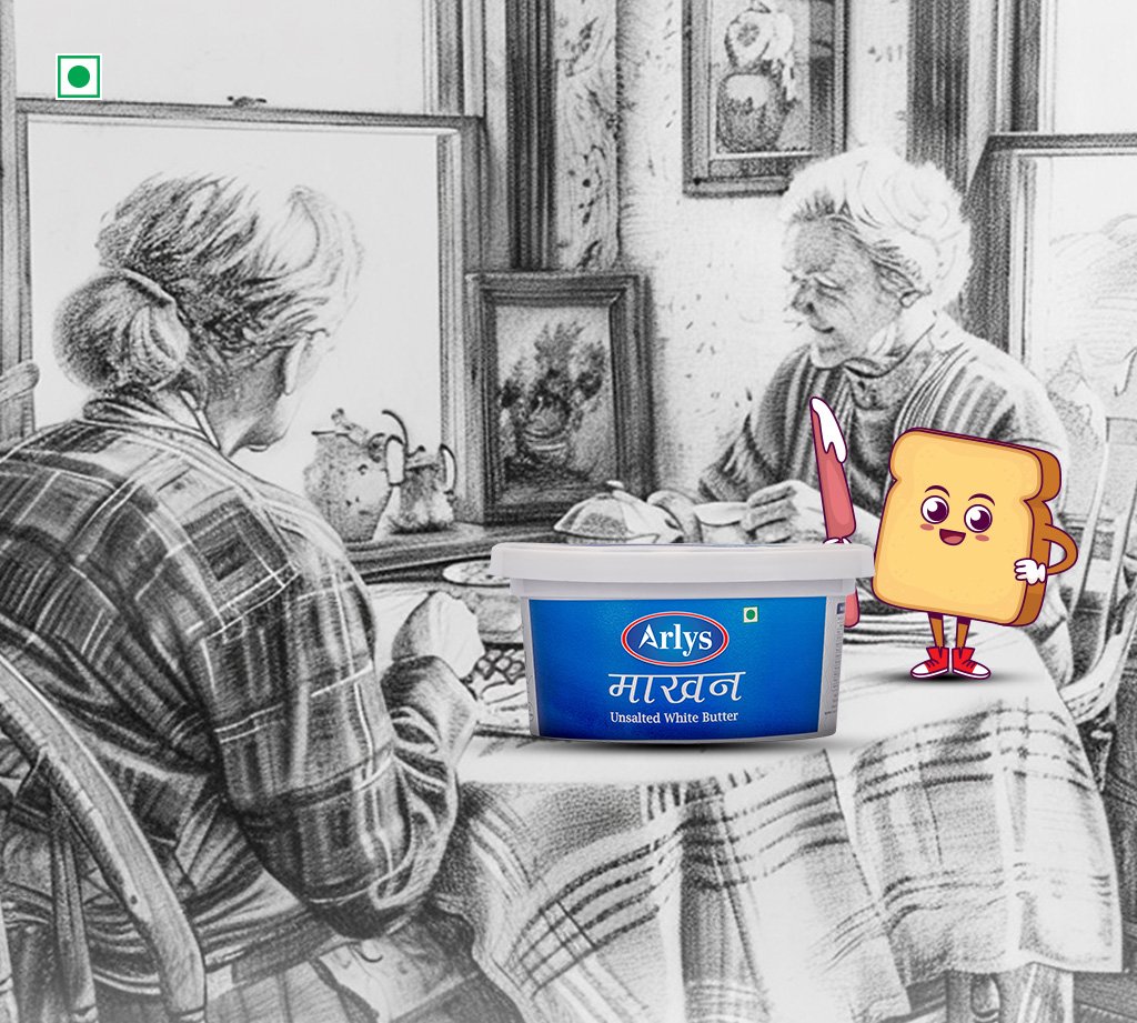 Two elderly women sit at a table in a vintage setting, with a tub of Arlys Unsalted White Butter and a cartoon slice of bread posing beside them (humorous ad scene).