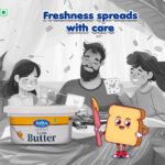 Family picnic scene with a tub of Arlys Table Butter and a cheerful butter mascot; banner reads 'Freshness spreads with care'.