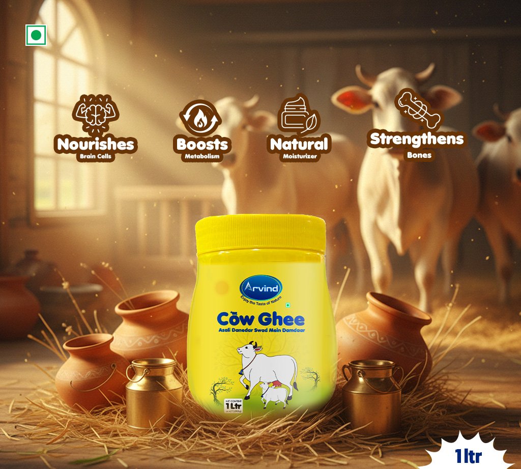 Yellow jar of Cow Ghee on a rustic floor with cows in the background; product benefits listed above. (Informative image)