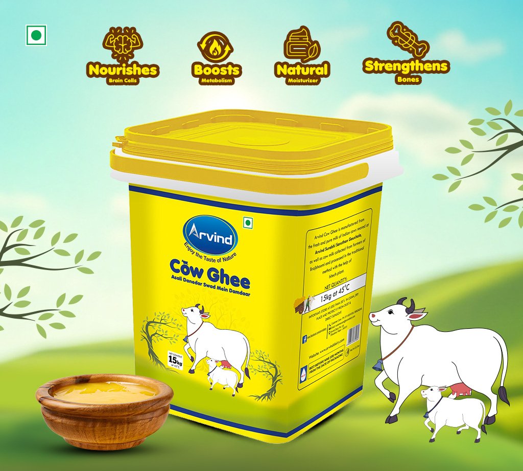 Yellow Arvind Cow Ghee tub with cows illustration, a bowl of ghee in front, and a leafy background.