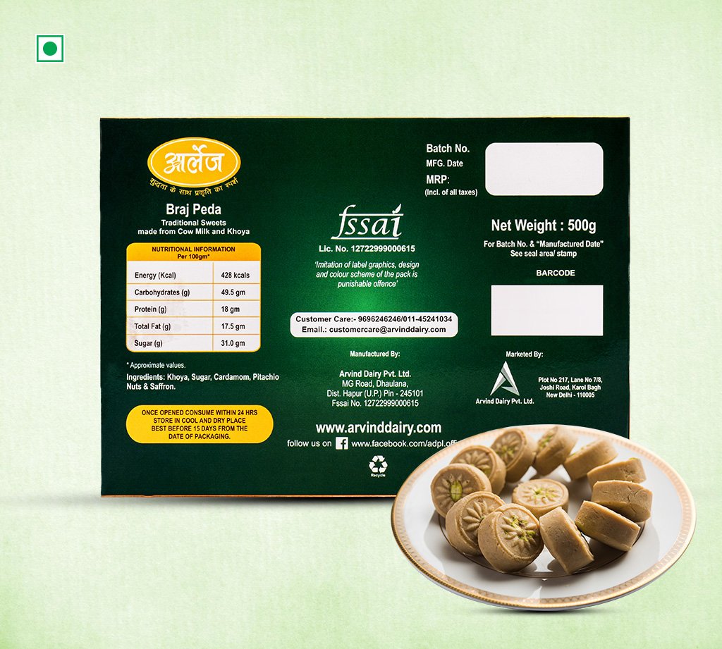 Green packaging labeled 'Braj Peda' with traditional sweets on a plate in the foreground, highlighting the product name and nutrition panel.