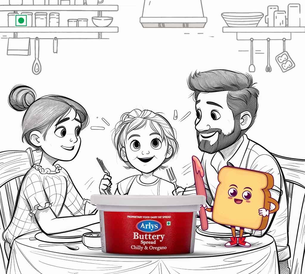 Family of three dining together in a black-and-white illustration, with a colored tub of Arly's Butter Spread and a cheerful cartoon toast on the table.
