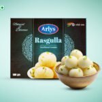 Arlys Rasgulla traditional sweets box with a bowl of white rasgulla in front