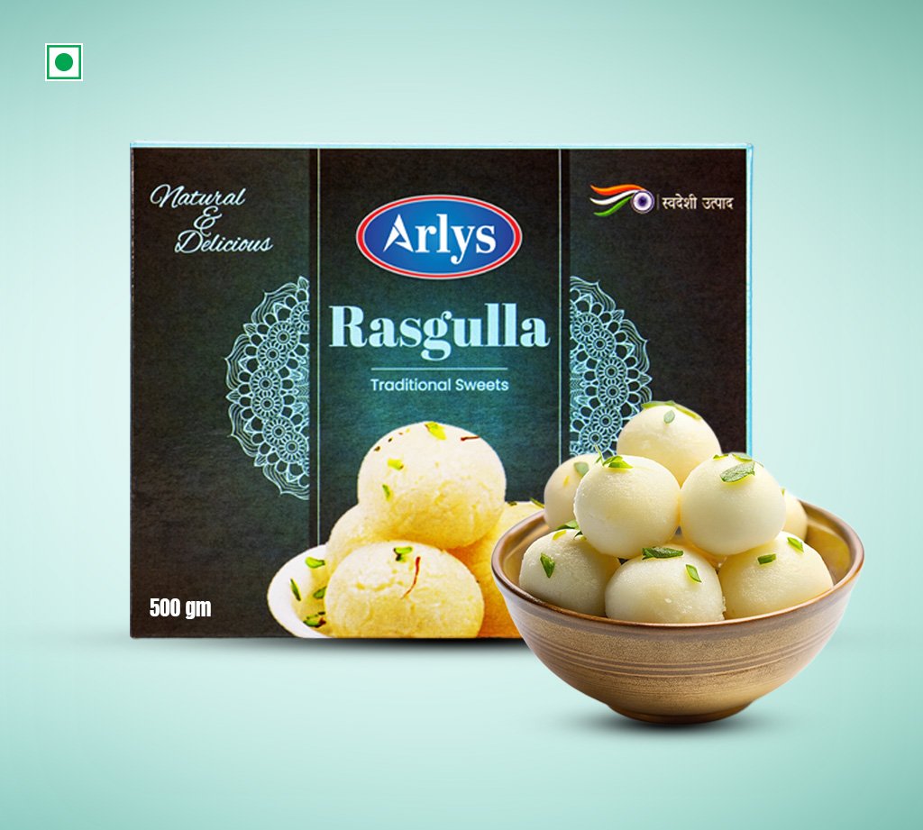 Arlys Rasgulla traditional sweets box with a bowl of white rasgulla in front