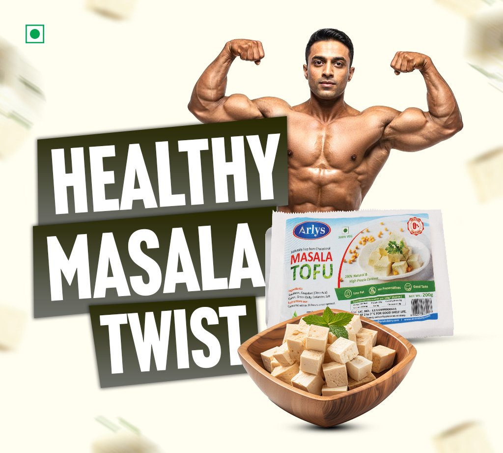Muscular man flexing beside a bold 'HEALTHY MASALA TWIST' title with Arlys Masala Tofu package and a bowl of cubed tofu.