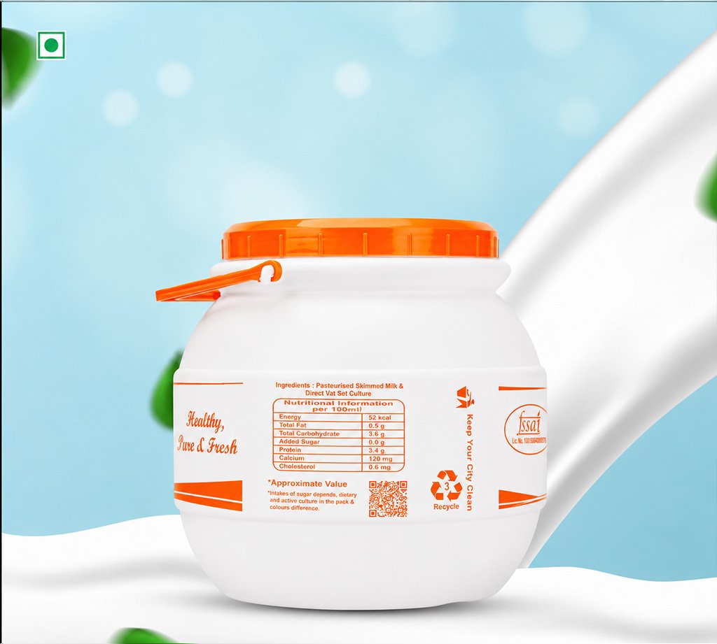 White plastic tub with an orange screw-on lid and orange label, placed on a curved white surface against a blue background; label includes the words "Healthy, Pure & Fresh."