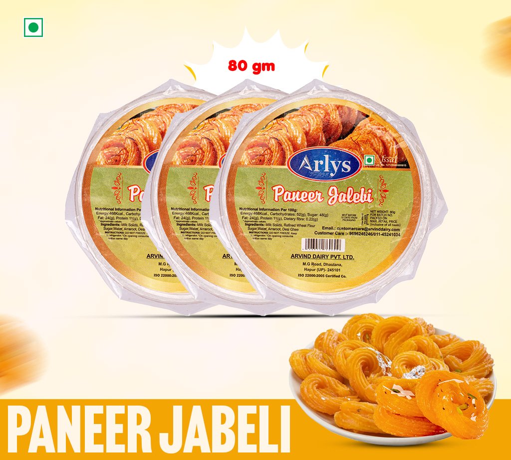 Three Arlys Paneer Jalebi packages in a row with a plate of jalebi on the right; bold 'Paneer Jalebi' text at bottom.
