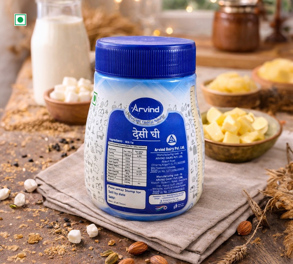 Blue-lidded Arvind dairy product tin on a rustic table with butter cubes and a milk bottle in the background.